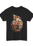 A black short-sleeve crewneck t-shirt featuring a detailed graphic print of a medieval knight in armor with a red cross flag and shield, set against a plain white background.