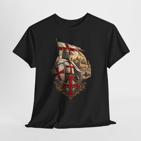 A black short-sleeve crewneck t-shirt featuring a detailed graphic print of a medieval crusader ship carrying the St. George's cross, with a red crusader cross emblem at the bottom, set against a light gray background.