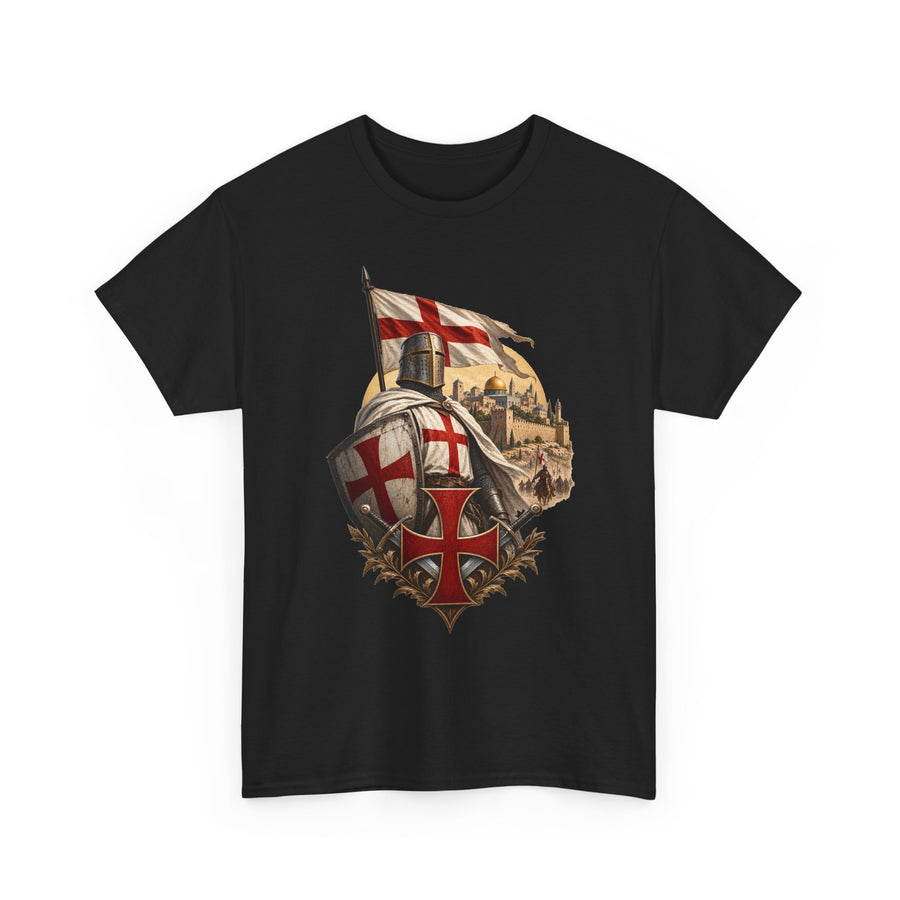 A black short-sleeve crewneck t-shirt featuring a detailed graphic print of a medieval crusader ship carrying the St. George's cross flag, with a knight's helmet, shield, and crusader cross emblem below, set against a plain white background.