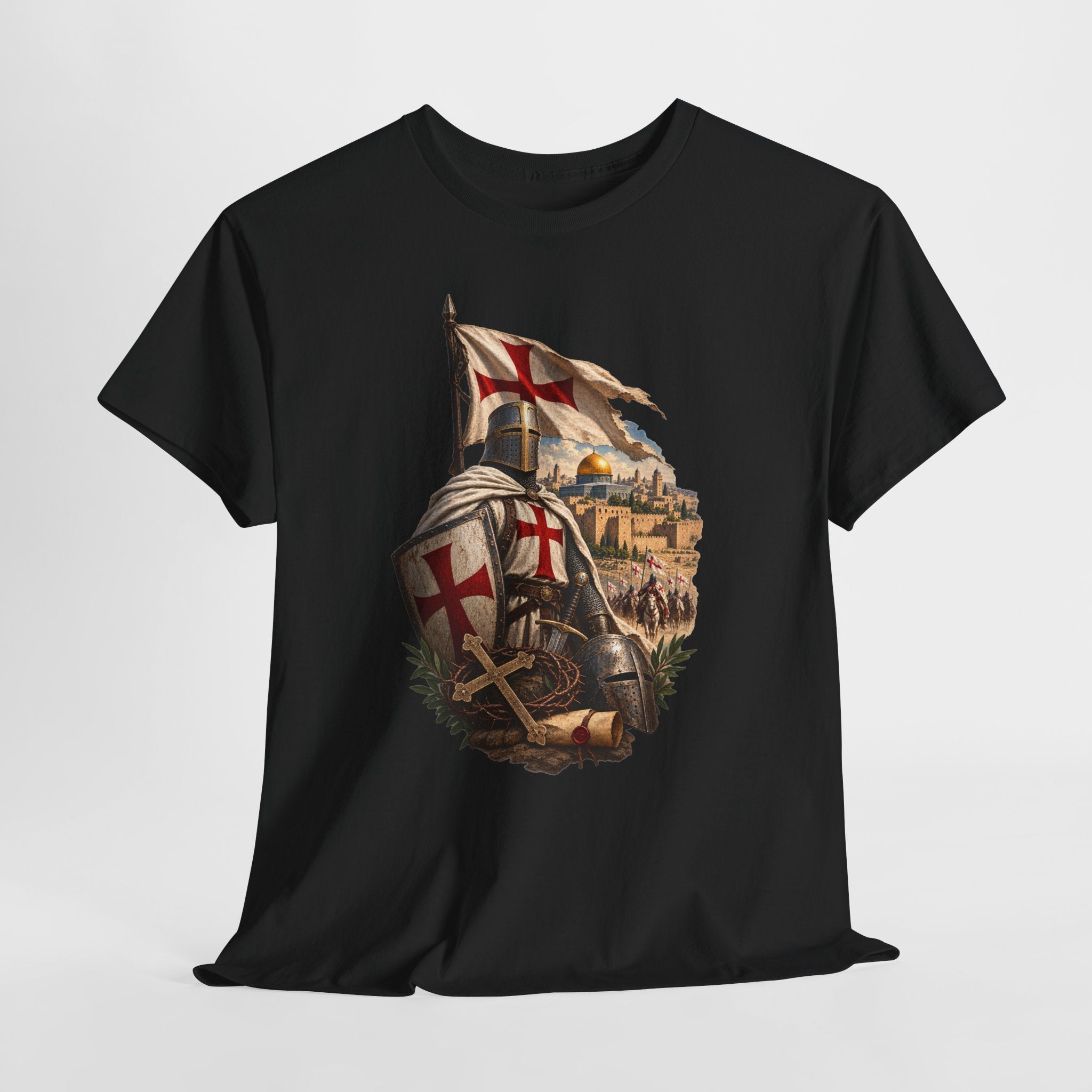 A black short-sleeve crewneck t-shirt featuring a detailed graphic print of a medieval knight in armor with a red cross shield and a flag, set against a light gray background.