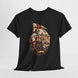 A black short-sleeve crewneck t-shirt featuring a detailed graphic print of a medieval knight in armor with a red cross shield and a flag, set against a light gray background.