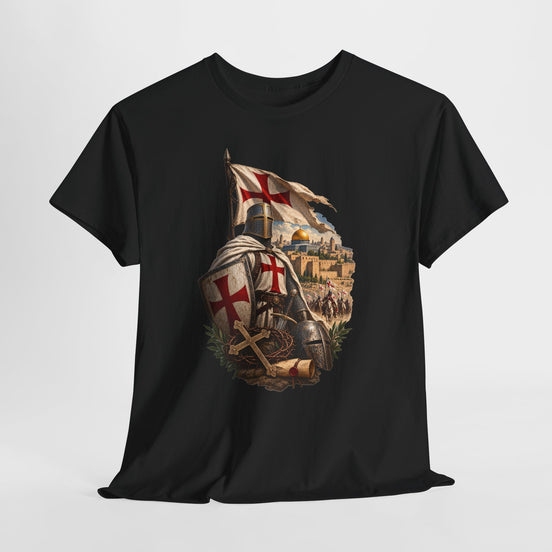 A black short-sleeve crewneck t-shirt featuring a detailed graphic print of a medieval knight in armor with a red cross shield and a flag, set against a light gray background.