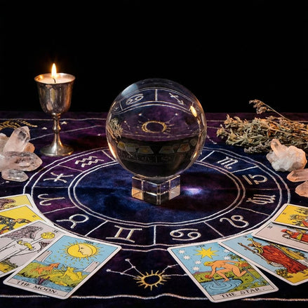 Crystal ball on a tarot table with tarot cards and candles