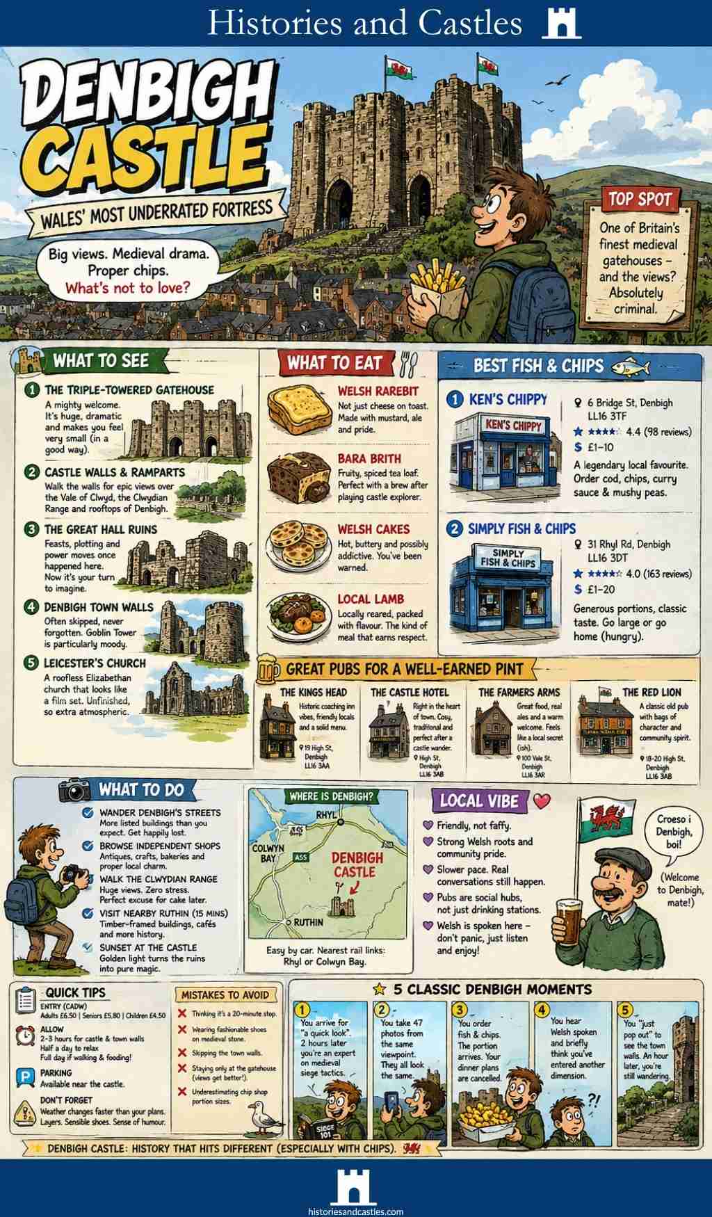 Informational poster about Denbigh Castle with various attractions and activities listed.