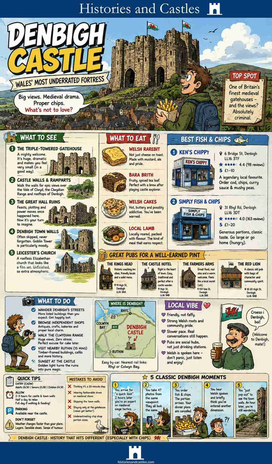 Informational poster about Denbigh Castle with various attractions and activities listed.