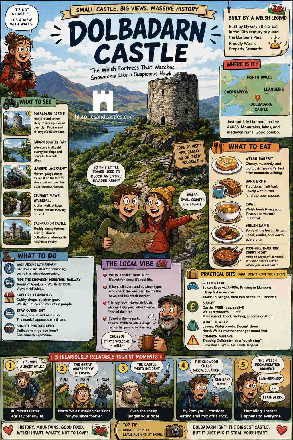 Dolbadarn Castle illustrated travel guide, free download, vertical infographic poster with comic-style artwork, local history, and Snowdonia travel tipsinformation.