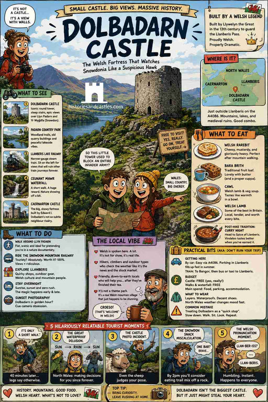 Dolbadarn Castle illustrated travel guide, free download, vertical infographic poster with comic-style artwork, local history, and Snowdonia travel tipsinformation.