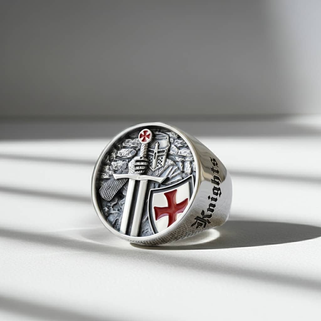 Silver ring with intricate design on a light surface