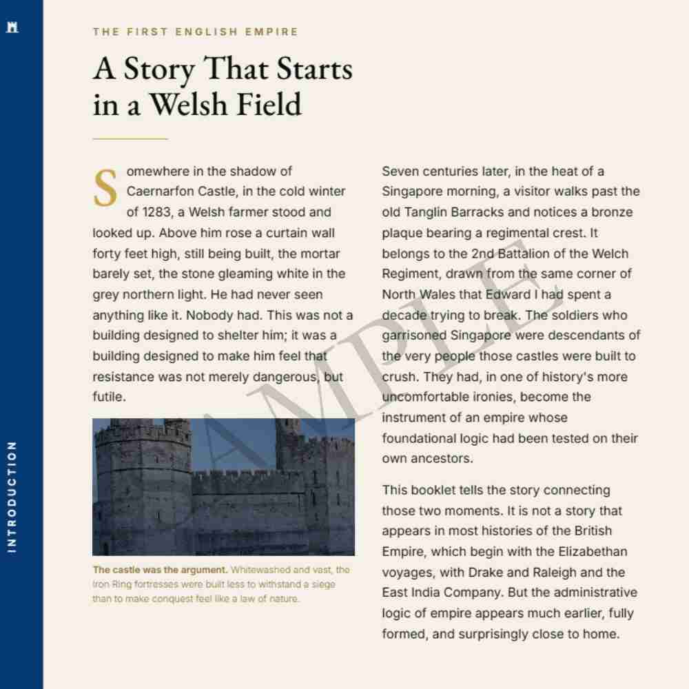 Booklet or magazine page with text and a small image of a castle.