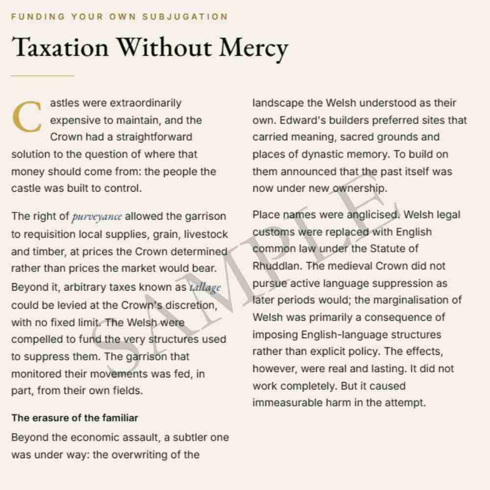 Text document discussing taxation and its historical impacts on a landscape and people.