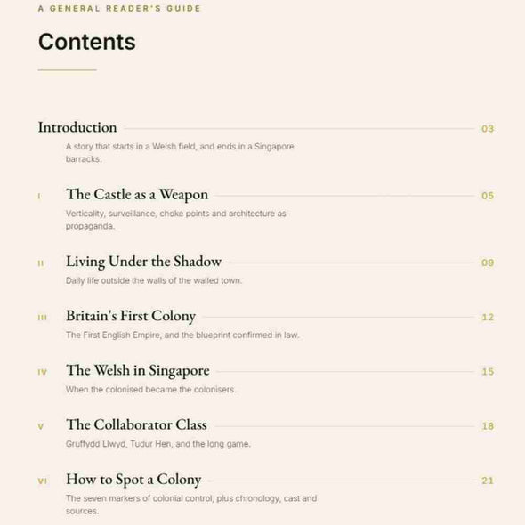 Table of contents for a book or document with chapter titles and page numbers.