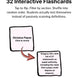 Promotional graphic for a set of 32 interactive flashcards. The text explains that students tap and flip the cards, filter by section, shuffle the order, and test themselves instead of passively scanning definitions.