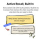 An educational product graphic titled 'Active Recall, Built In' explaining a study feature where students answer recall questions and reveal answers. The graphic features a yellow speech bubble with the question 'What did the 1059 Papal Election Decree change?' and a blue 'Show answer' label with an arrow pointing to a revealed answer in a white speech bubble.