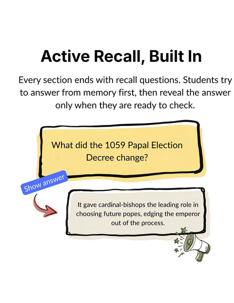 An educational product graphic titled 'Active Recall, Built In' explaining a study feature where students answer recall questions and reveal answers. The graphic features a yellow speech bubble with the question 'What did the 1059 Papal Election Decree change?' and a blue 'Show answer' label with an arrow pointing to a revealed answer in a white speech bubble.