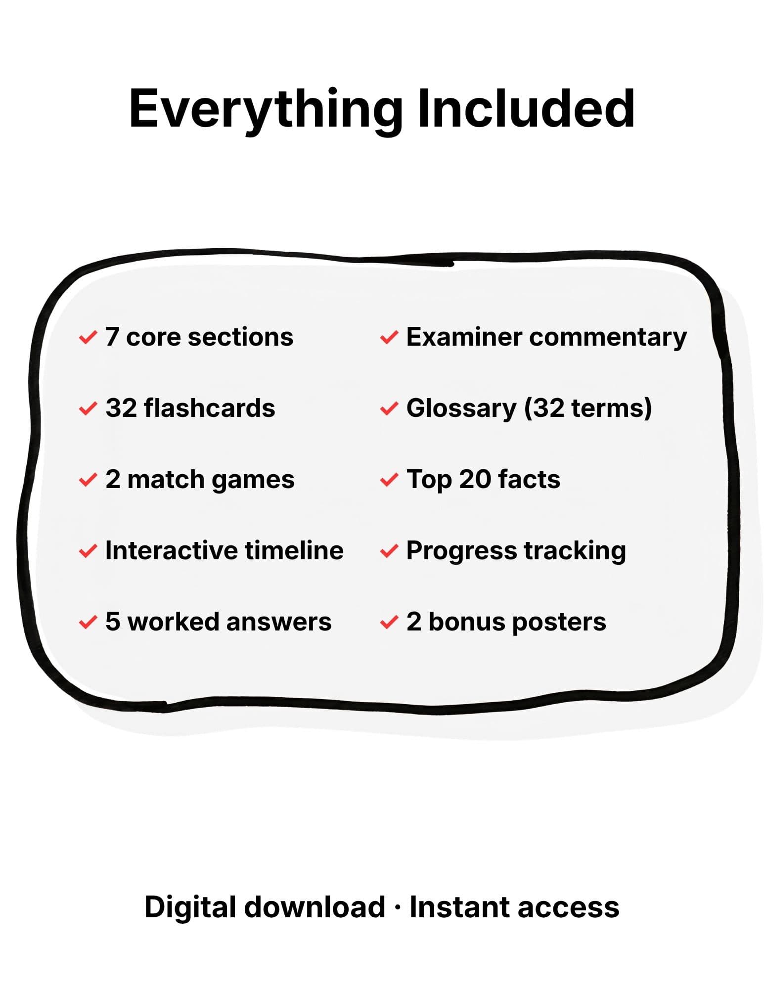 A digital listing graphic titled 'Everything Included' on a white background, showing a checklist of included study materials such as core sections, flashcards, games, a timeline, answers, commentary, glossary, and bonus posters inside a black hand-drawn rounded rectangle. Text at the bottom reads 'Digital download • Instant access'.