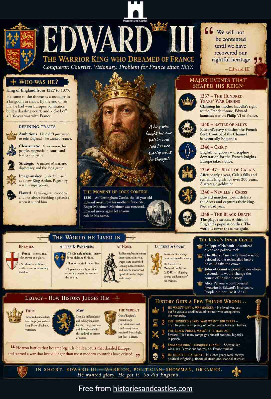 Infographic about Edward III, the Warrior King of England, with historical details and illustrations.