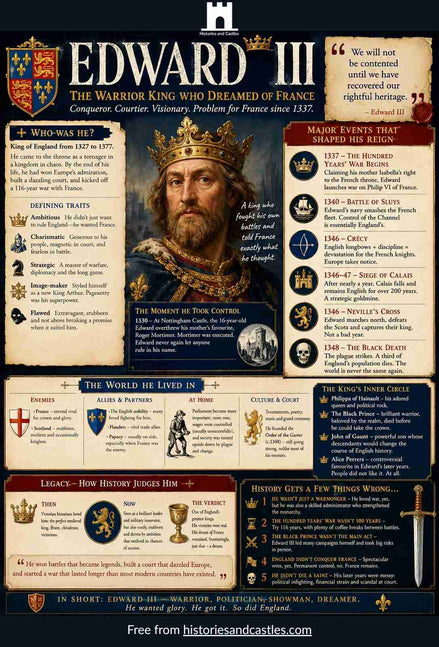 Infographic about Edward III, the Warrior King of England, with historical details and illustrations.