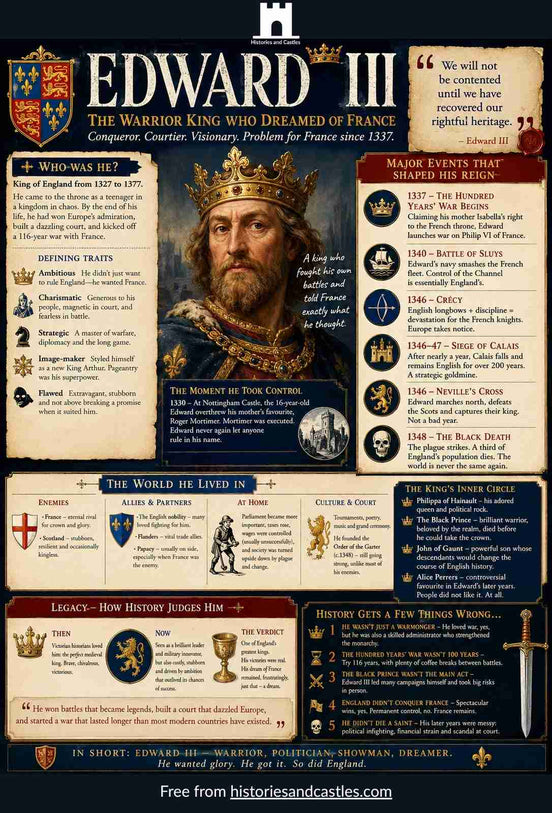 Infographic about Edward III, the Warrior King of England, with historical details and illustrations.