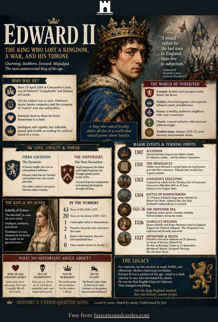Infographic about Edward II, King of England, detailing his reign, key events, and impact.