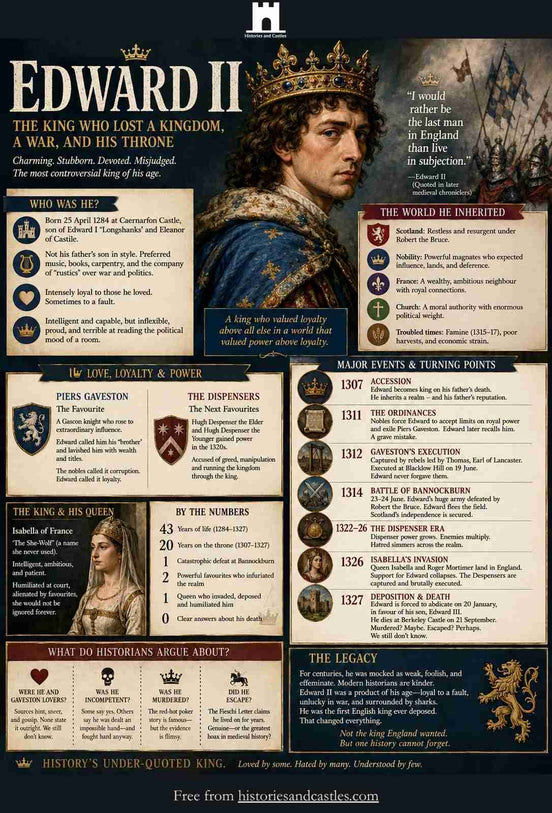 Infographic about Edward II, King of England, detailing his reign, key events, and impact.