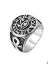 Eye of Horus signet ring in silver tone 316L stainless steel with engraved Wedjat symbol on flat signet face