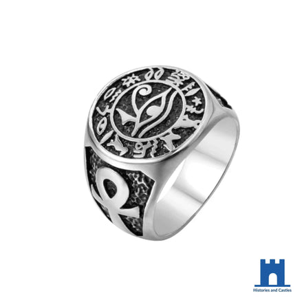 Eye of Horus signet ring in silver tone 316L stainless steel with engraved Wedjat symbol on flat signet face