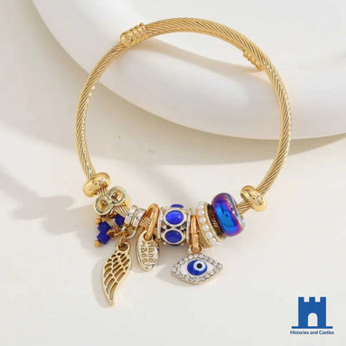 Gold-Tone Evil Eye Charm Bracelet with Blue Beads Jewellery