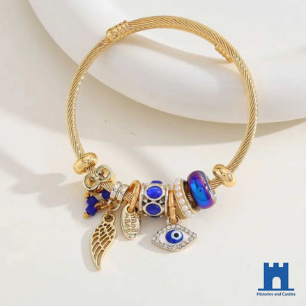 Gold-Tone Evil Eye Charm Bracelet with Blue Beads Jewellery