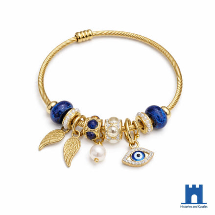 Gold-Tone Evil Eye Charm Bracelet with Blue Beads Jewellery