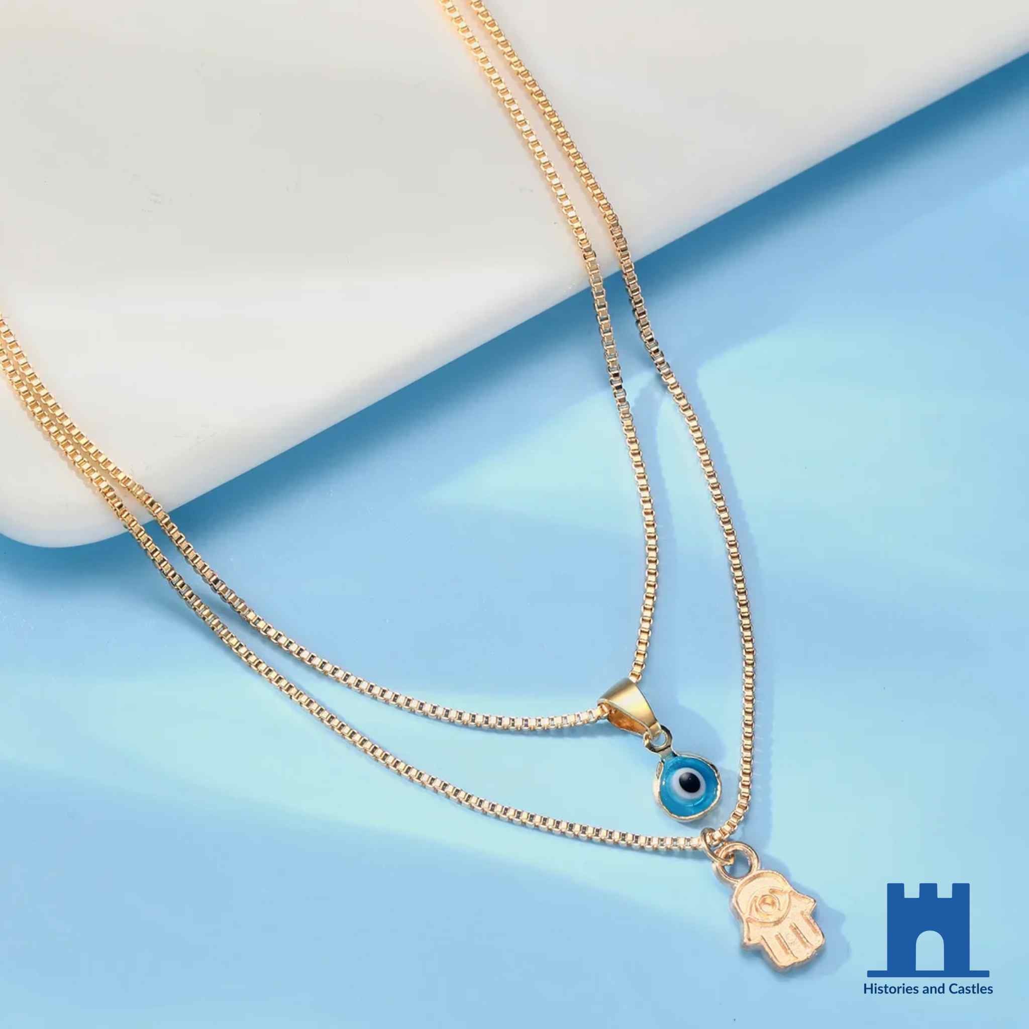 Turkish Evil Eye Hamsa Necklace | Double Layer Lucky Charm Jewellery Jewellery