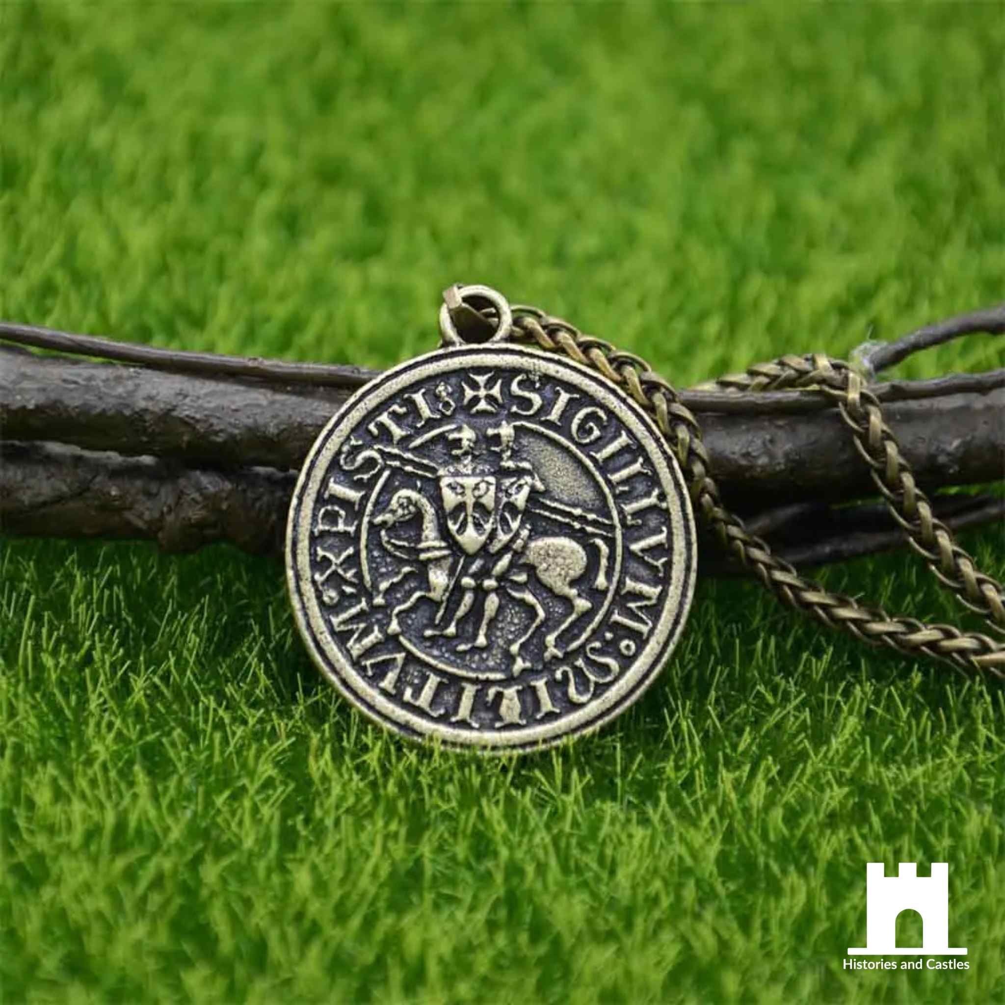 Historic "Two Knights" Templar Seal Pendant Metal Chain Bronze Jewellery Metal Chain Bronze