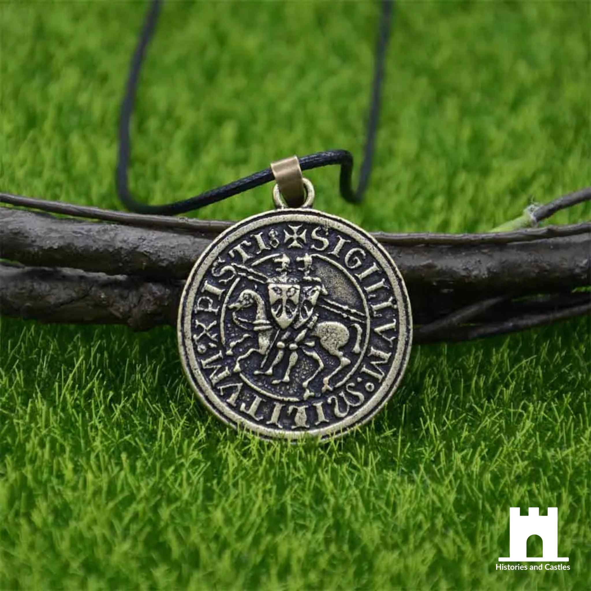 Historic "Two Knights" Templar Seal Pendant Wax Chain Bronze Jewellery Wax Chain Bronze