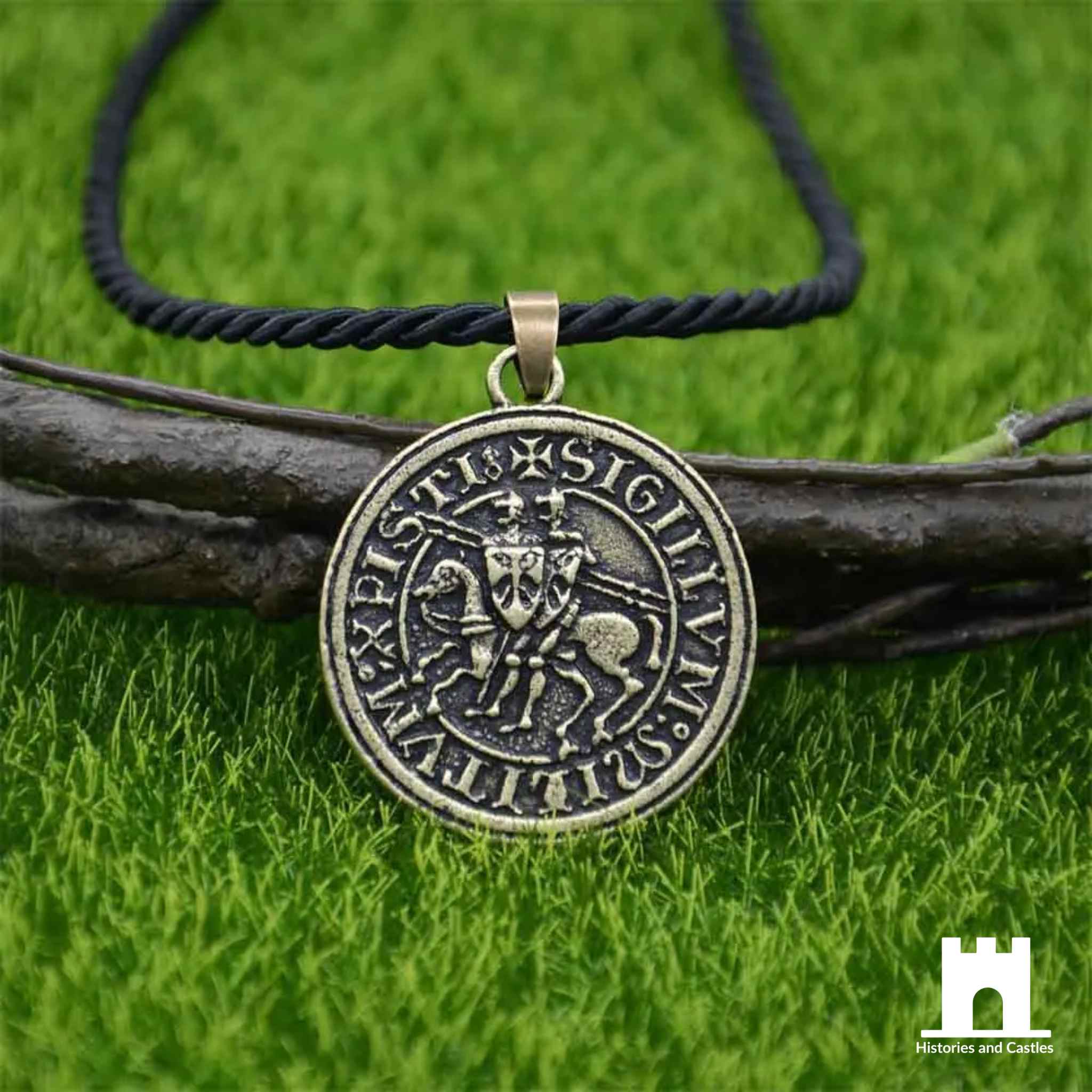Historic "Two Knights" Templar Seal Pendant Cotton Chain Bronze Jewellery Cotton Chain Bronze