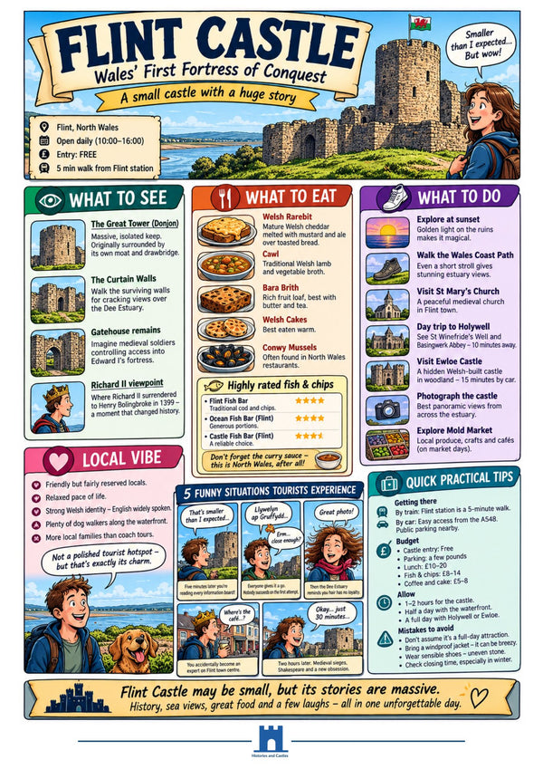 A colorful travel guide poster for Flint Castle in Wales, featuring illustrated scenes, local facts, food recommendations, and practical tips in a playful, cartoon-style layout.