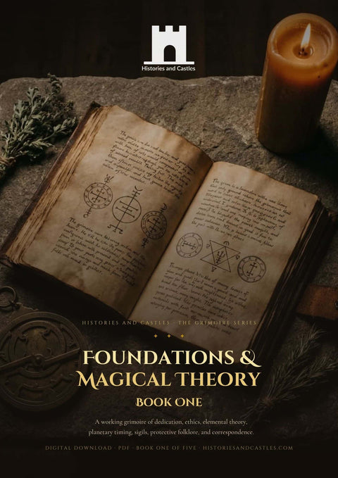 Foundations and Magical Theory cover, Book One of the Histories and Castles working grimoire series, a digital download of sourced correspondences and folk magic