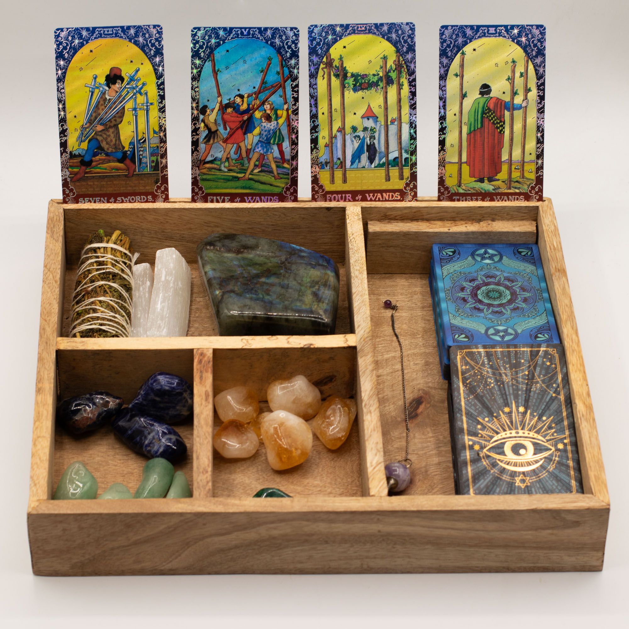 Tarot Box with Card Holder & 4 Sections – Wooden Deck and Crystal Storage Tarot Cards