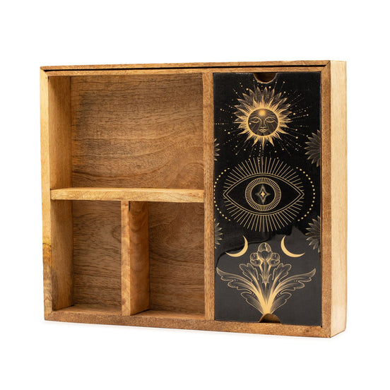Four Section Tarot Box with Card Holder – Wooden Storage Organiser Tarot Cards