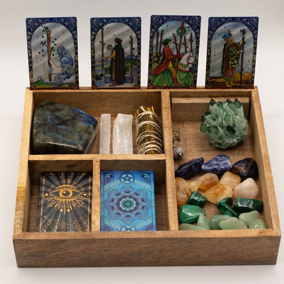 Four Section Tarot Box with Card Holder – Wooden Storage Organiser Tarot Cards