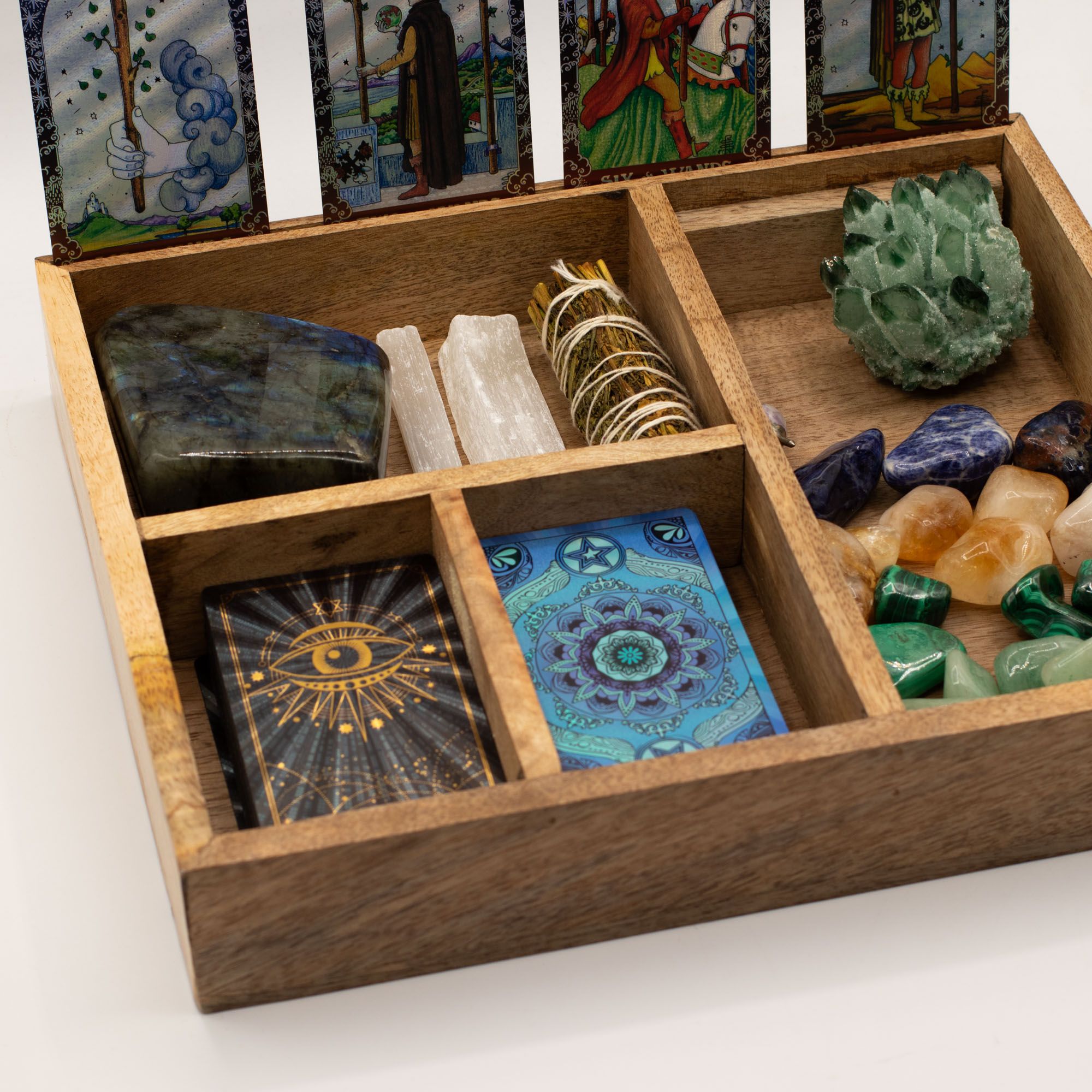 Four Section Tarot Box with Card Holder – Wooden Storage Organiser Tarot Cards