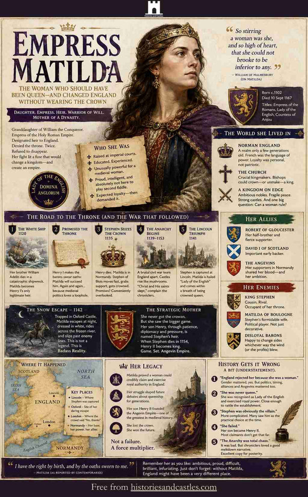 Infographic about Empress Matilda with text and images on a white background