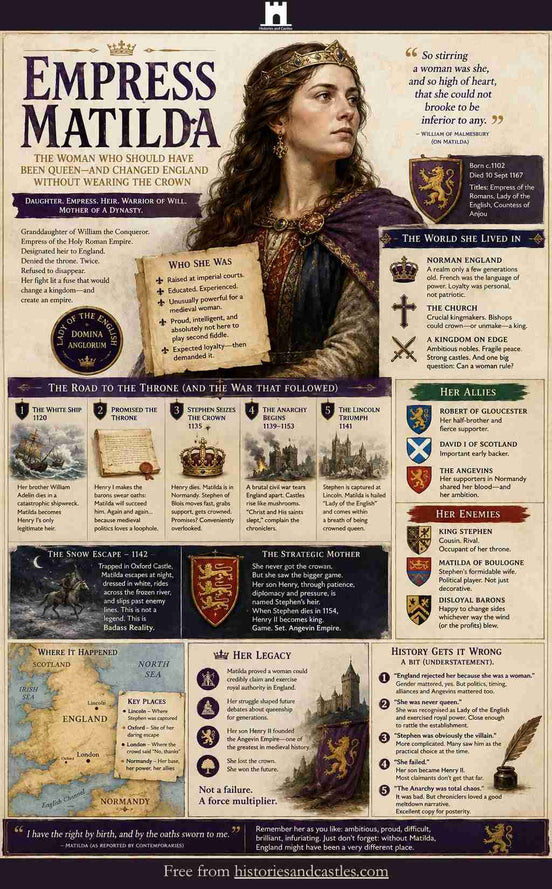 Infographic about Empress Matilda with text and images on a white background