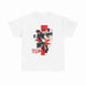 White t-shirt with graphic design featuring a face and '1984' text on a white background