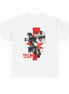 White t-shirt with graphic design featuring a face and '1984' text on a white background