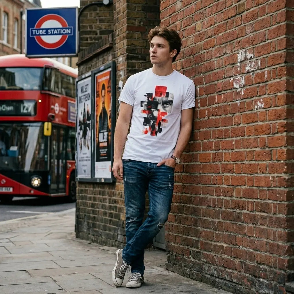 George Orwell 1984 T-Shirt worn by young man leaning against wall of a Lonodn tube station and a red bus in the background