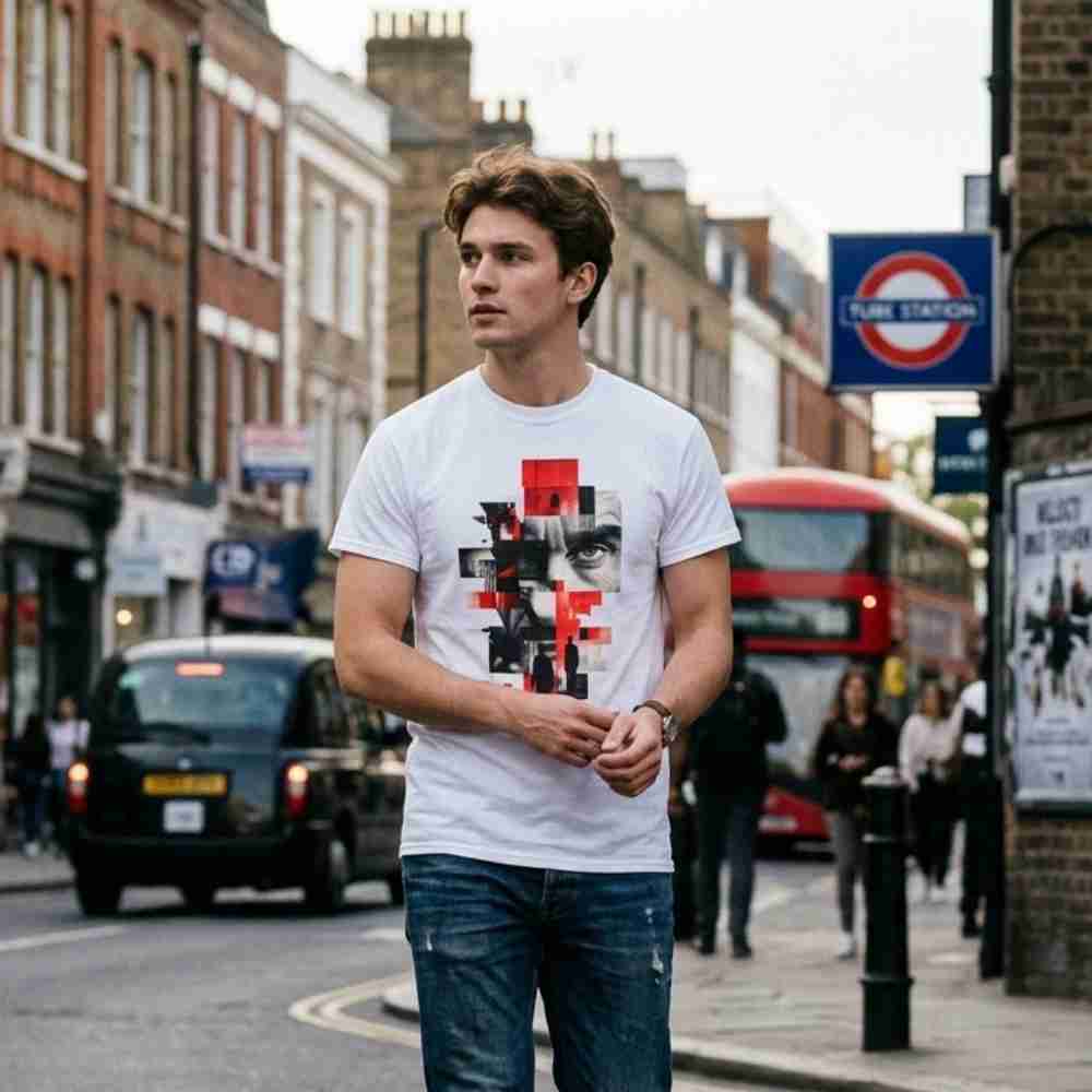 Man wearing a white t-shirt with a graphic design on a city street.