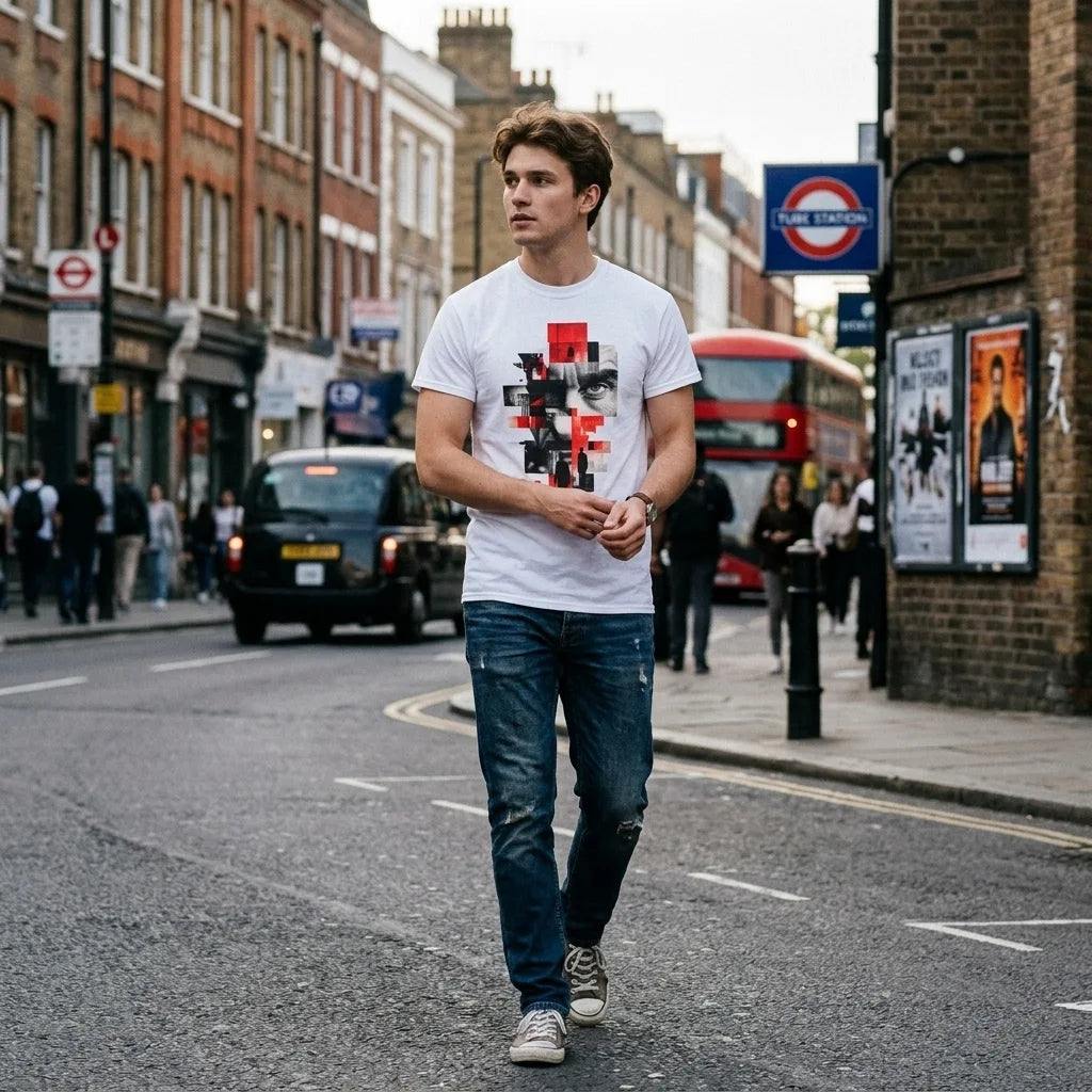 George Orwell 1984 T-Shirt worn by young man crossing a London road, with a black cab and red bus in the background
