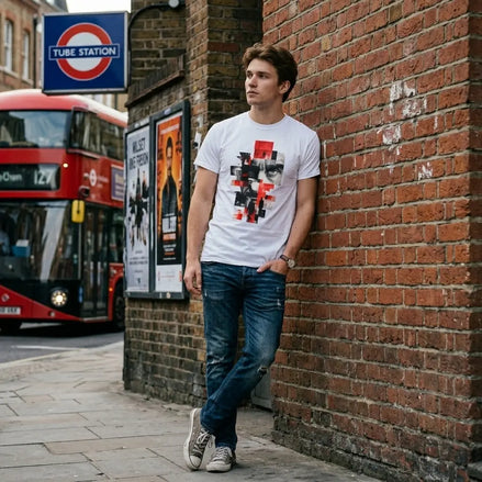 George Orwell 1984 T-Shirt worn by young man leaning against wall of a Lonodn tube station and a red bus in the background