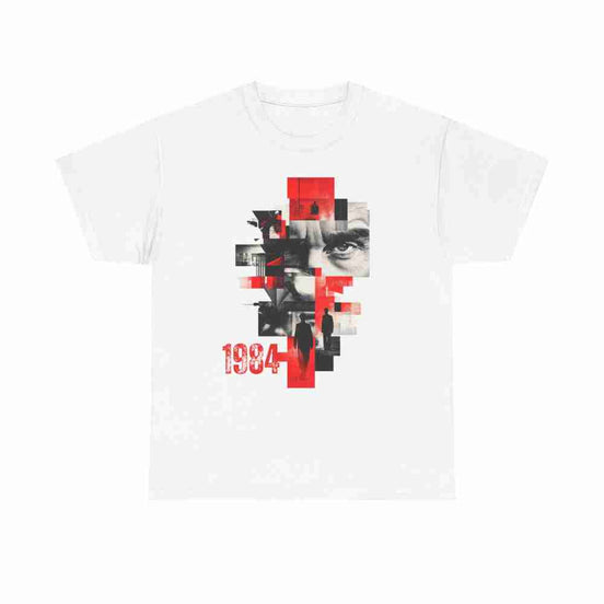White t-shirt with graphic design featuring a face and '1984' text on a white background