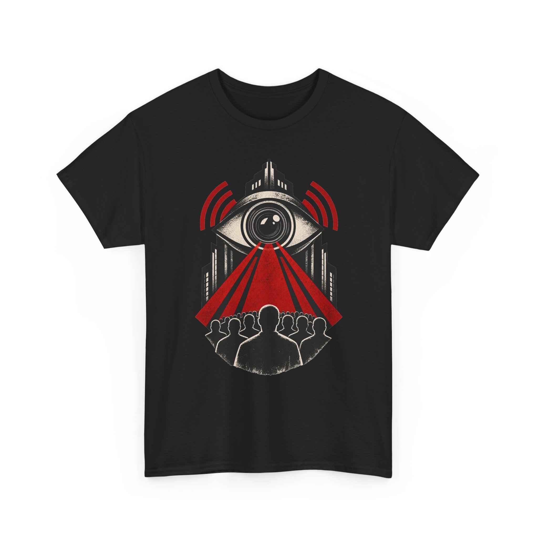 A black short-sleeve crewneck t-shirt featuring a graphic print of an all-seeing eye with red laser beams and silhouettes of people underneath, displayed on a solid white background.