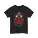 A black short-sleeve crewneck t-shirt featuring a graphic print of an all-seeing eye with red laser beams and silhouettes of people underneath, displayed on a solid white background.